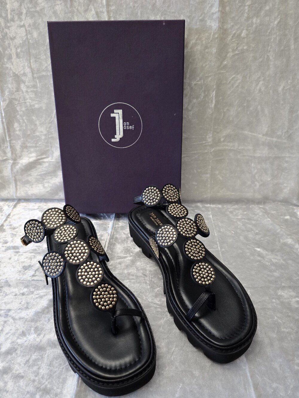 Jon Josef (Atom Black Calf) Black Studded Leather Thong Sandals